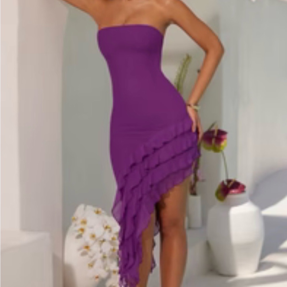 Oh Polly Strapless Purple Asymmetric Ruffle Midi Dress